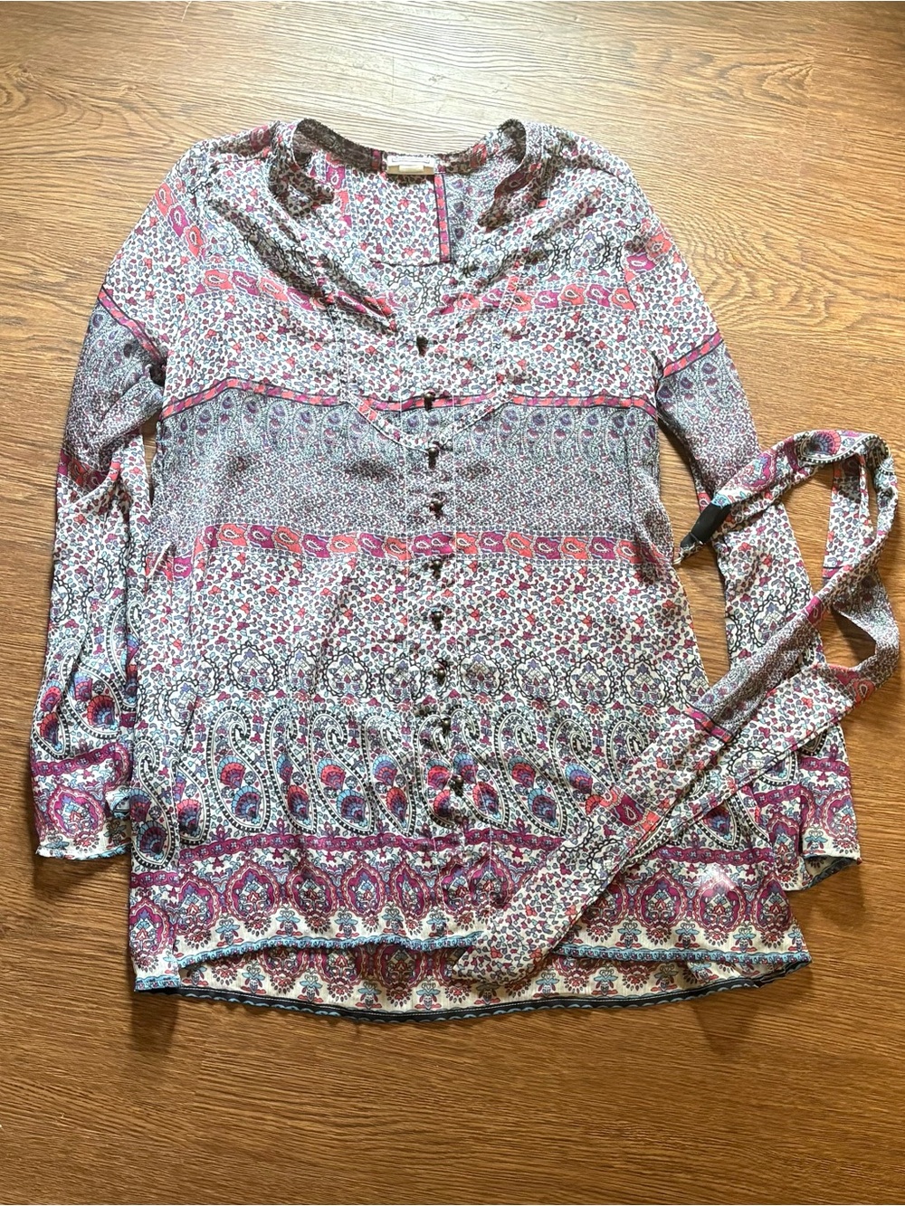 Converse Pink Multi Paisley Button-Front Tie-Waist Blouse